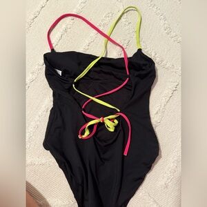 Andie Black and Pink One Piece Swimsuit with Crisscross Straps